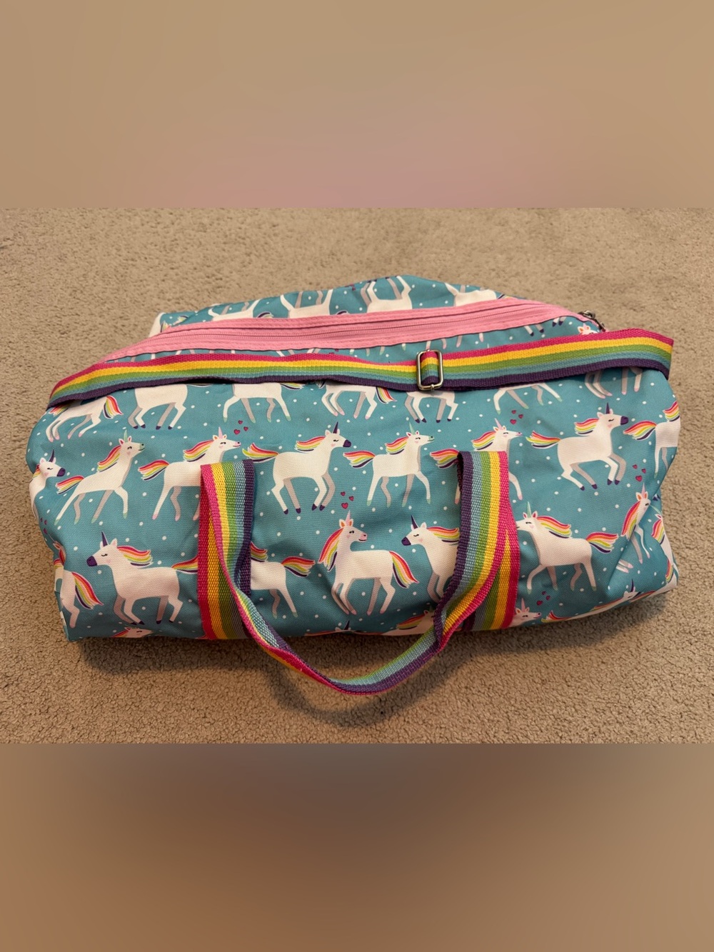 PB Kids Mackenzie Aqua Unicorn Parade Large Duffle Bag